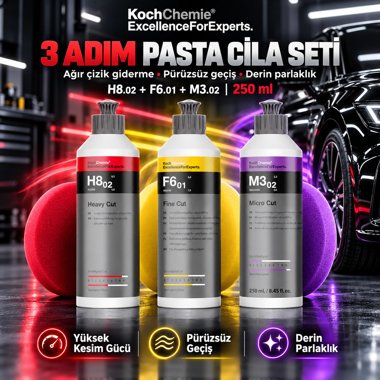 Koch Chemie H8.02 + F6.01 + M3.02 3 Adım Pasta Cila Seti 250 ml