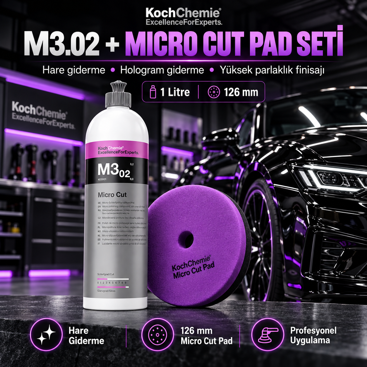 Koch Chemie M3.02 Micro Cut + 126 mm Micro Cut Pad Hare Giderme Seti